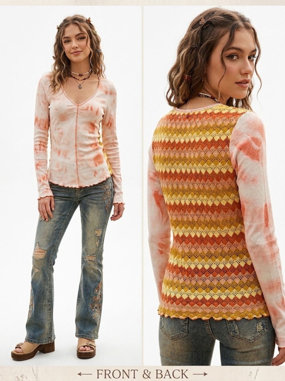 Y2K Style Tie-Dye Ribbed Long Sleeve Top w/ Crochet Lace Back | Size L